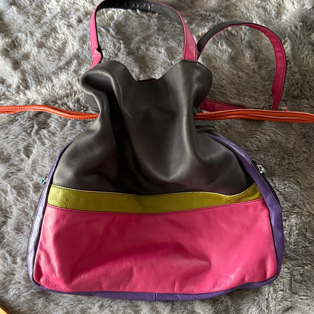 Ili New York Multicolor Drawstring Leather Handbag Purse Satchel Pink Purple